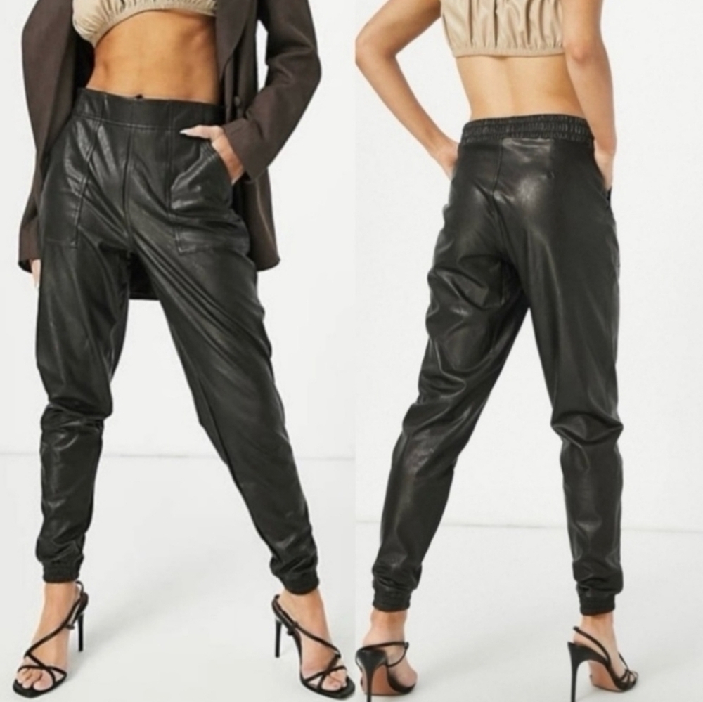 Spanx Leather-Like Jogger Pants Black Faux Leather Moto Pull-On Pockets Size L